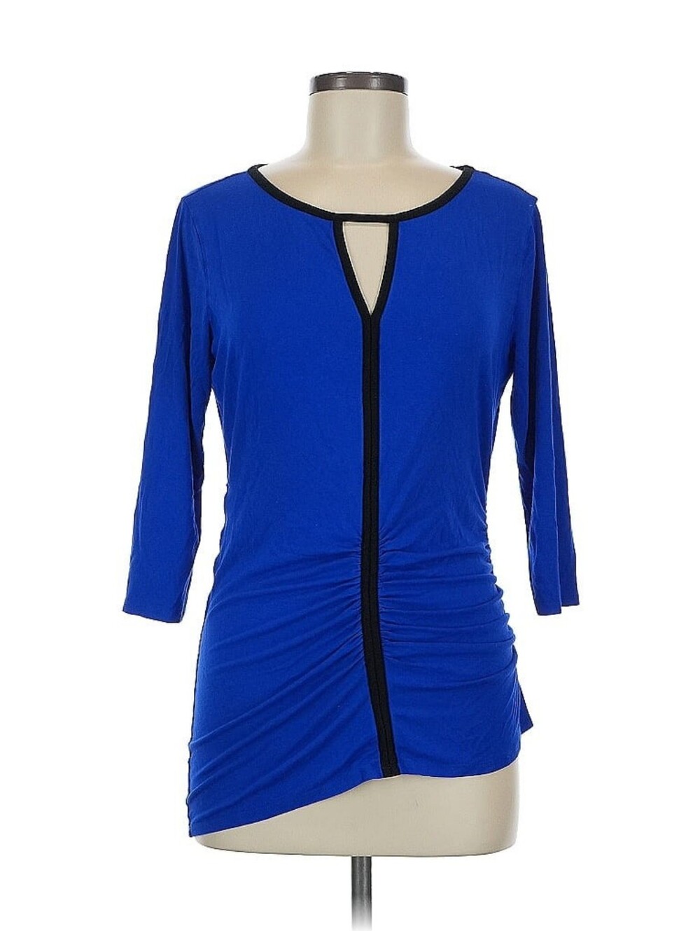 Vince Camuto Royal Blue Keyhole Ruched Long Sleeve Top Black Trim Asymmetrical M